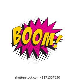 word boom! in retro comic speech bubble with halftone dotted shadow