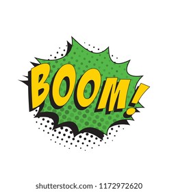 word boom in retro comic speech bubble with halftone dotted shadow