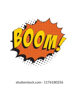 word boom in retro comic speech bubble with halftone dotted shadow
