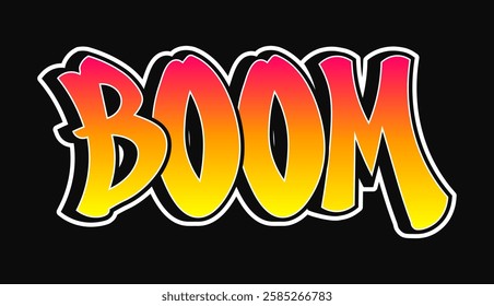 The word Boom written in graffiti style typography with a vibrant color gradient and a white outline