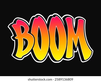 The word Boom written in graffiti style typography with a vibrant color gradient and a white outline