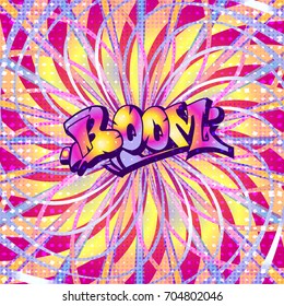 The word BOOM is written in the original font on a bright, luminous background