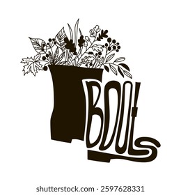 Word "Boots" is drawn. Two boots, one is painted in a black silhouette, an autumn bouquet is painted in it, and the second is made in the form of the word Boots. Vector illustration in black