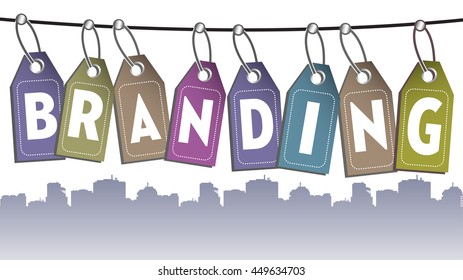 The word branding made from more tags hanging on a wire