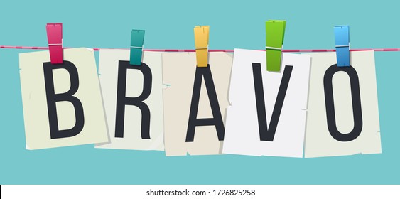 Word "Bravo" attached with clothespins