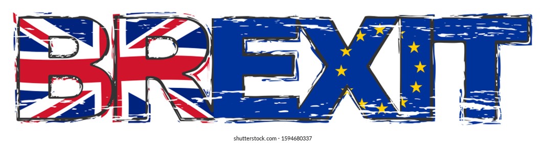 Word BREXIT with UK and EU flag under it, distressed grunge look.