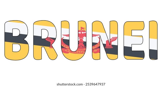 The word BRUNEI is displayed in large, bold letters. The letters are outlined in black and filled with the colors of the Bruneian flag: yellow, white, black, and red.