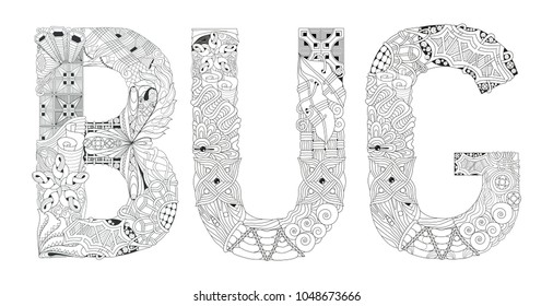 Word BUG for coloring. Vector decorative zentangle object