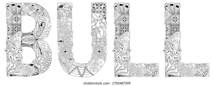 Word BULL. Vector zentangle object for coloring