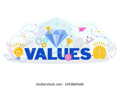 Word business value typography. Mission, vision and key values of the company. Development strategy, marketing concept.