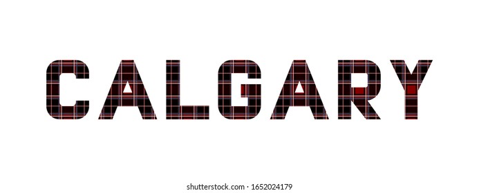 The word "Calgary" composed of letters from Calgary tartan. White background.