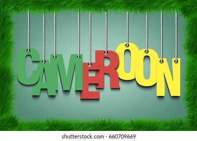 The word Cameroon hang on the ropes  in frame of grass. Vector illustration