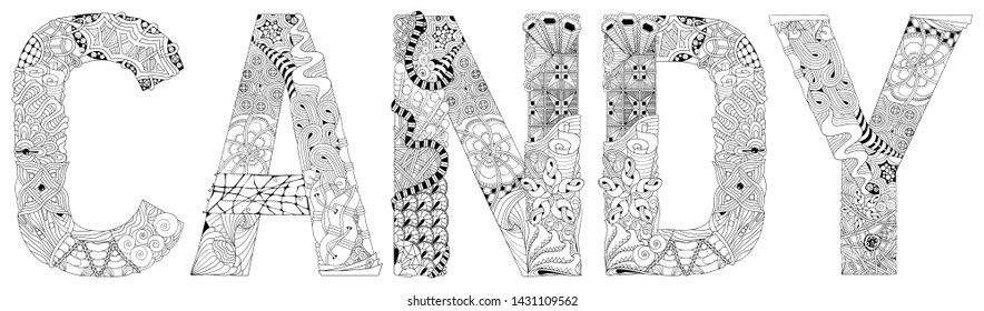 Word CANDY for coloring. Vector decorative zentangle object