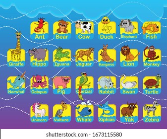 The word card. cute colorful children zoo alphabet flash cards. abc education. Learning English vocabulary. Animal alphabet graphic A to Z. Cute Zoo alphabet with cartoon animals isolated. education