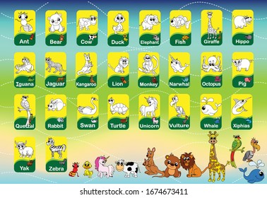 The word card. cute colorful children zoo alphabet flash cards. Kids abc education. Learning English vocabulary. Animal alphabet graphic A to Z. Cute Zoo alphabet with cartoon animals isolated.card