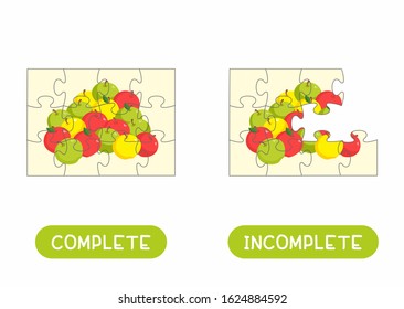 Word card with jigsaw puzzle vector template. Flash card for English language with mosaic pieces. Opposites concept, complete and incomplete. Logic game with apple fruits flat illustration 