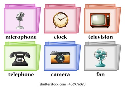 Word cards for many vintage objects illustration