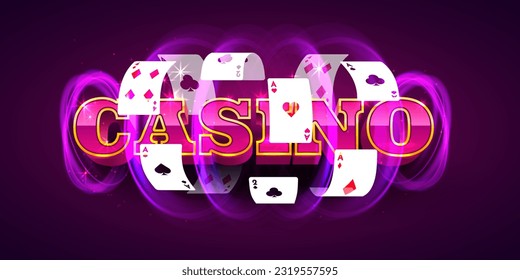 Word casino with magical glow and flying poker cards. Vector illustration