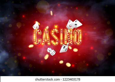 The word Casino, surrounded by a luminous frame and attributes of gambling, on a explosion background. The new, best design of the luck banner, for gambling, casino, poker, slot, roulette or bone.