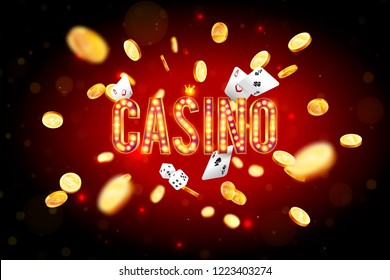 The word Casino, surrounded by a luminous frame and attributes of gambling, on a explosion background. The new, best design of the luck banner, for gambling, casino, poker, slot, roulette or bone.