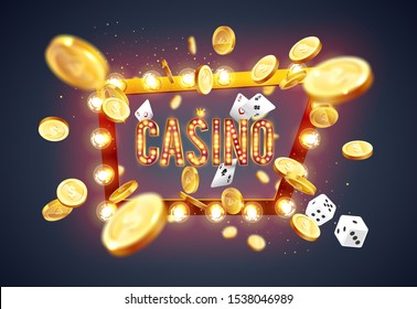 The word Casino, surrounded by a luminous frame and attributes of gambling, on a explosion background. The new, best design of the luck banner, for gambling, casino, poker, slot, roulette or bone.