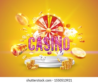 The word Casino, surrounded by a luminous frame and attributes of gambling, on the podium, on a explosion coins background.