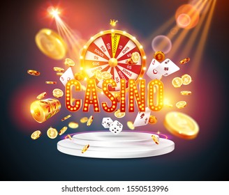 The word Casino, surrounded by a luminous frame and attributes of gambling, on the podium, on a explosion coins background. The new, best design of the luck banner, for gambling, casino