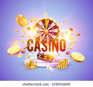 The word Casino, surrounded by a luminous frame and attributes of gambling, on the podium, on a explosion coins background. The new, best design of the luck banner, for gambling, casino