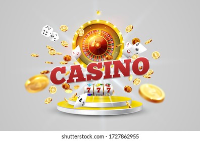The word Casino, surrounded by a luminous frame and attributes of gambling, on the podium, on a explosion coins background. The new, best design of the luck banner, for gambling, casino