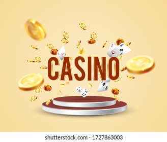 The word Casino, surrounded by a luminous frame and attributes of gambling, on the podium, on a explosion coins background. The new, best design of the luck banner, for gambling, casino