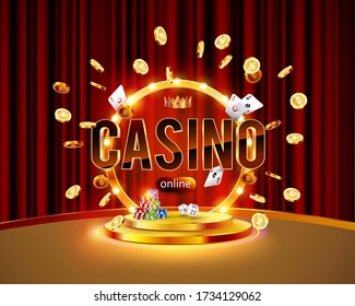 The word Casino, surrounded by a luminous frame and attributes of gambling, on the podium, on a explosion coins background. The new, best design of the luck banner, for gambling, casino