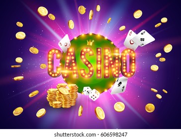 The word Casino, surrounded by a luminous frame and attributes of gambling, on a explosion background. The new, best design of the luck banner, for gambling, casino, poker, slot, roulette or bone.