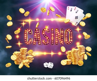 The word Casino, surrounded by a luminous frame and attributes of gambling, on a explosion background. The new, best design of the luck banner, for gambling, casino, poker, slot, roulette or bone.