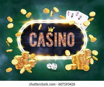 The word Casino, surrounded by a luminous frame and attributes of gambling, on a green background. The new, best design of the luck banner, for gambling, casino, poker, slot, roulette or bone.