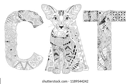 Word cat for coloring. Vector decorative zentangle object
