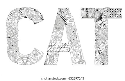 Word cat for coloring. Vector decorative zentangle object