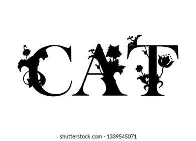 Word Cat with flourish pattern. Floral decor. Template for cutting and wood carving. Laser cut. Paper cut. Vector illustration