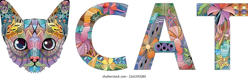 GATO de palabra con cabeza de gato. Objeto de zentángulo decorativo vectorial