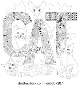 Word CAT with silhouettes of cats for coloring. Vector decorative zentangle objects