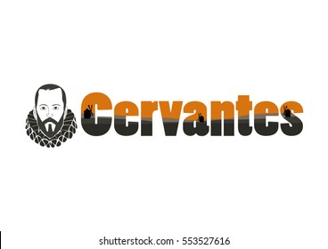 The word Cervantes with Vector Illustration of Miguel de Cervantes Saavedra, spanish writer of the book Don Quixote de la Mancha, and the silhouettes of mills in Spain