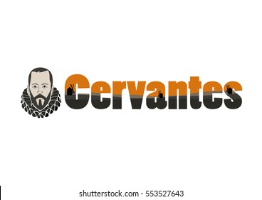 The word Cervantes with Vector Illustration of Miguel de Cervantes Saavedra, spanish writer of the book Don Quixote de la Mancha, and the silhouettes of mills in Spain