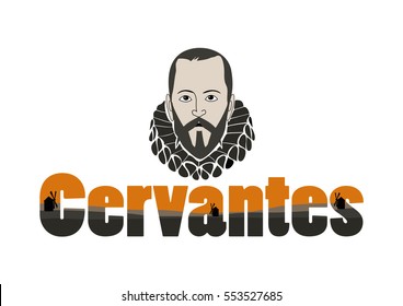 The word Cervantes with Vector Illustration of Miguel de Cervantes Saavedra�, spanish writer of the book Don Quixote de la Mancha�, and the silhouettes of mills in Spain