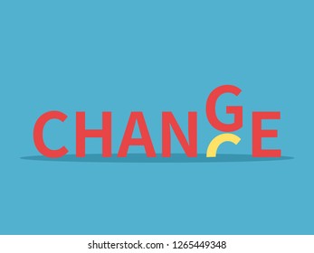 Word chance transforming into change on blue background. Success, opportunity and beginning concept. Flat design. Vector illustration. No gradients, no transparency