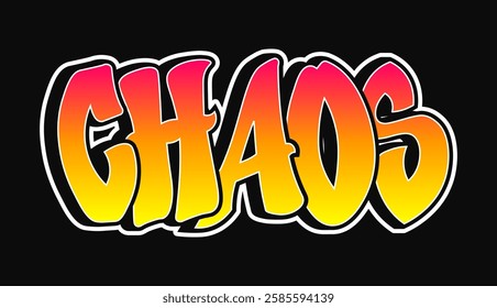 The word Chaos written in graffiti style typography with a vibrant color gradient and a white outline