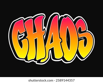 The word Chaos written in graffiti style typography with a vibrant color gradient and a white outline