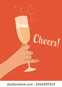 The word Cheers written near a hand holding a champagne