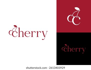 The word cherry with cherry fruit elements on the letter C logo design