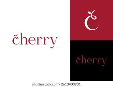 The word cherry with cherry fruit elements on the letter C logo design