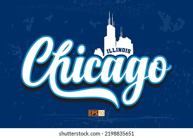 The word 'Chicago' as hand drawn script with a silhouette of the Chicago skyline behind the text along with the state 'Illinois' overlayed on a grunge background