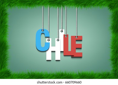 The word Chile hang on the ropes  in frame of grass. Vector illustration